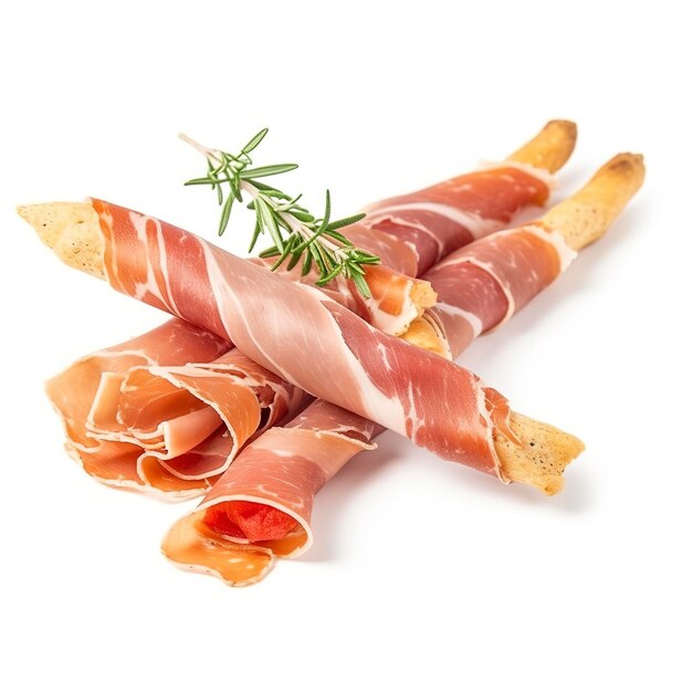 Il gustoso Grissini italiano con fette di prosciutto su sfondo bianco genera ai