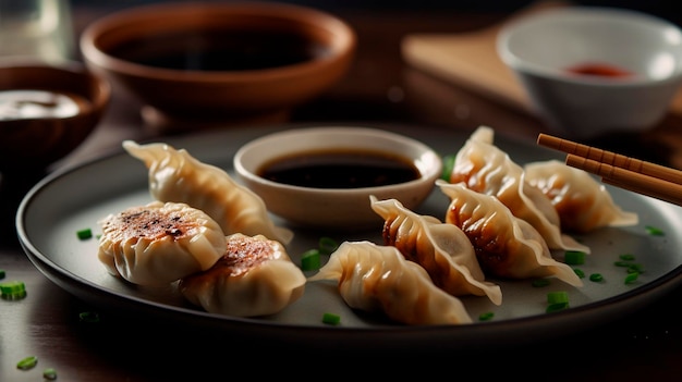 Il gyoza fritto in stile giapponese cade nella vera salsa giapponese Generative AI