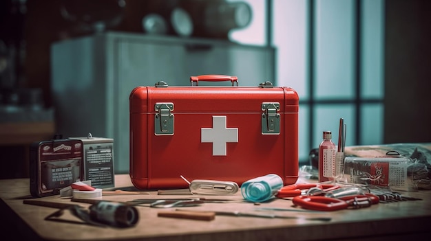 Il kit di primo soccorso su un tavolo di legno in un ufficio medico Il concetto di assistenza sanitaria e medicina