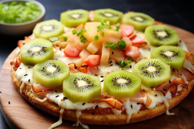 Il kiwi è servito come condimento su una pizza di ispirazione tropicale con prosciutto e ananas