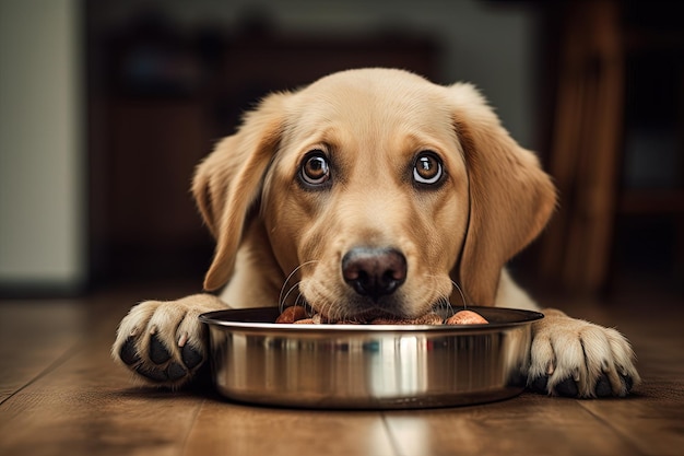 Il labrador retriever tiene una ciotola per il cane affamato nella cucina di casa