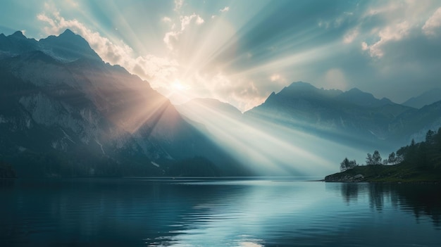 Il lago alpino all'alba con i raggi