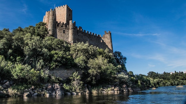 Il lago contro il castello in mezzo agli alberi in una giornata di sole