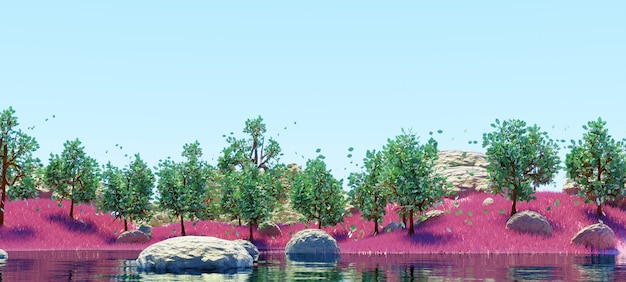 Il lago del paesaggio e gli alberi verdi del cielo e l'erba rosa 3d rendono