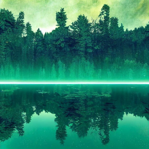 Il lago Vaporwave con la riflessione dell'illustrazione di synthwave del paesaggio degli alberi della foresta