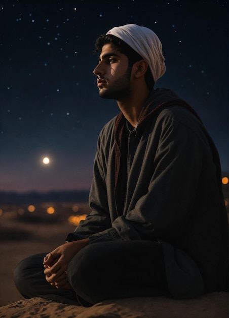 Il lato del giovane uomo arabo triste e solo guarda verso il cielo tema scuro realistico 4k