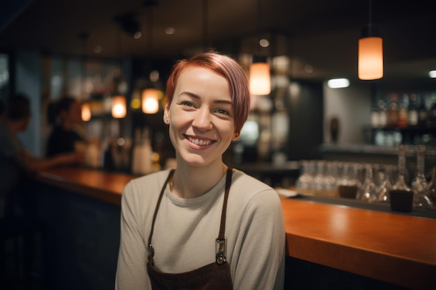 Il lato gioioso del lavoro di ospitalità Un piacevole servitore sorridente dietro il bar