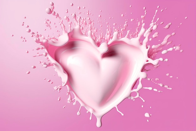 Il latte a forma di cuore rosa spruzza il simbolo dell'alimento romantico per il giorno di San Valentino AI Generativo