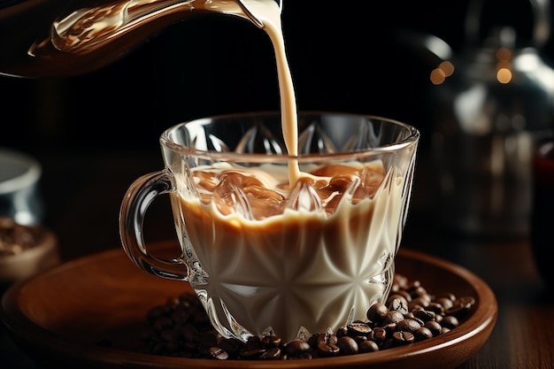 Il latte fresco viene versato in una tazza trasparente con chicchi di caffè su un piattino di legno