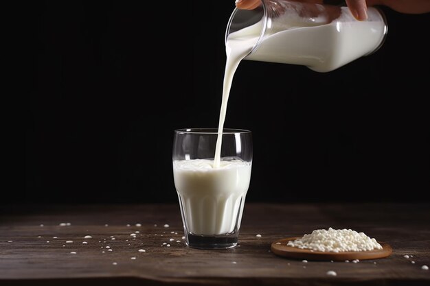 Il latte versato nel bicchiere sul tavolo