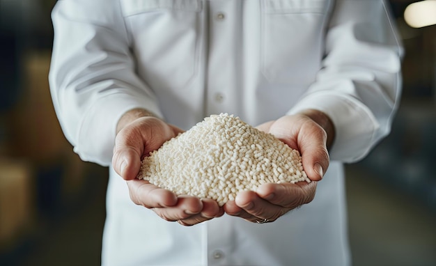 Il lavoratore con le mani in primo piano tiene il grano per la produzione di farina bianca in un moderno mulino automatizzato per il pane Creato con la tecnologia AI generativa