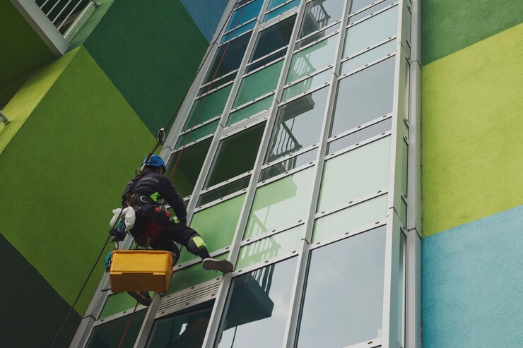Il lavoratore di alpinismo industriale pende sopra l'edificio della facciata residenziale mentre lava i vetri della facciata esterna. L'addetto alla fune è appeso al muro della casa. Concetto di opere urbane. Copia spazio per il sito
