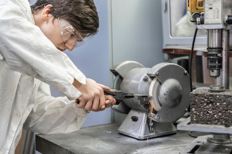 Foto il lavoratore di sesso maschile usa la mola in fabbrica b