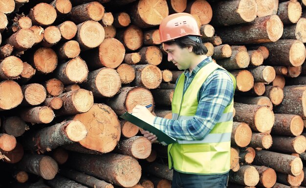 Il lavoratore in casco conta il legname di legno