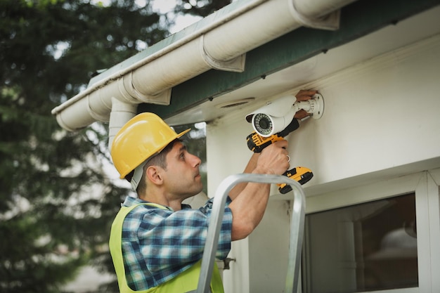 Il lavoratore installa la telecamera all'aperto Concetto di installazione guidata CCTV.