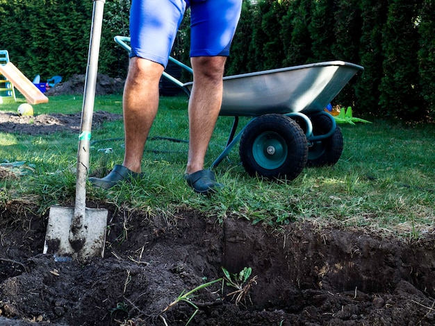 Il lavoratore scava il terreno nero con la pala nell'agricoltura dell'orto e nel duro concetto di lavoro