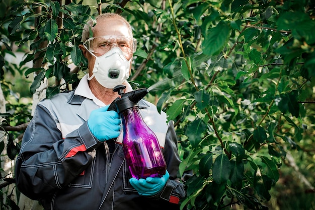 Il lavoratore spruzza pesticidi organici sulle piante