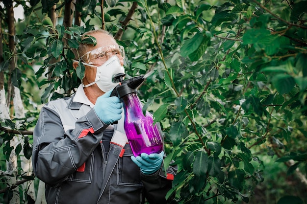 Il lavoratore spruzza pesticidi organici sulle piante