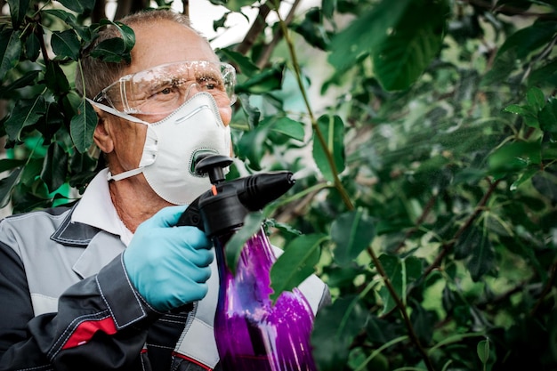 Il lavoratore spruzza pesticidi organici sulle piante