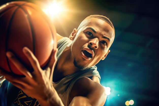 Il lavoro di squadra e il coordinamento di un giocatore di basket mentre tenta una schiacciata durante una partita. IA generativa