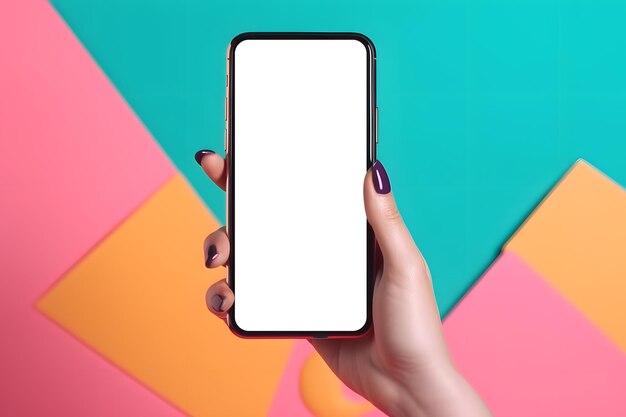 Il layout del telefono Modello di mockup per smartphone La ragazza tiene il telefono con una mano Sfondo luminoso sotto il colore delle unghie Una bella manicure Flat lay Generative Ai