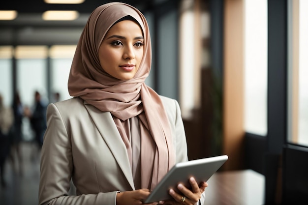 Il leader della squadra indossa l'Hijab con il tablet in mano.