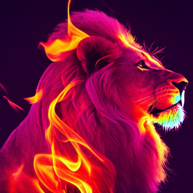 Il leone con la criniera fatta di fuoco illustrazione creativa