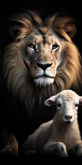 Il leone e l'agnello insieme in piedi su sfondo nero