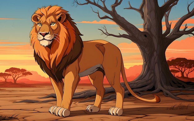 Il leone e lo sfondo della savana africana