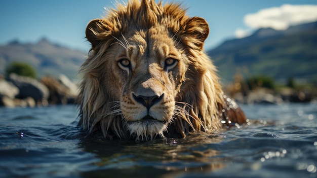 Il leone guarda il suo riflesso nell'acqua sullo sfondo della giungla