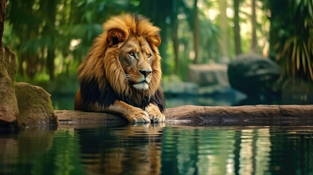 Il leone guarda il suo riflesso nell'acqua sullo sfondo della giungla