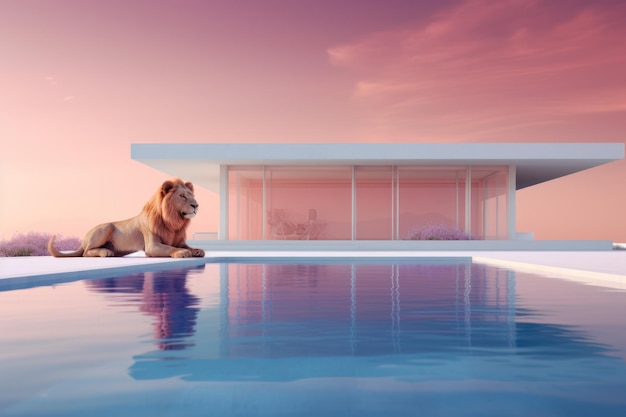 Il leone maestoso accanto alla piscina con la casa da sogno