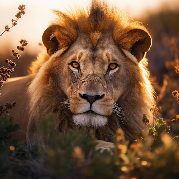 Il leone maestoso che vaga nella savana africana, un potente simbolo della natura selvaggia