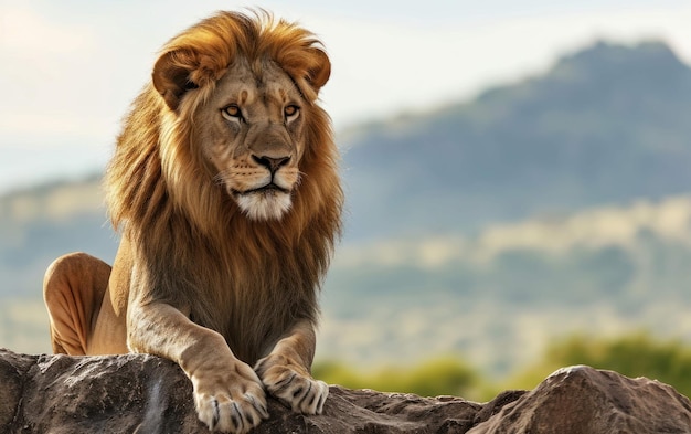 Il leone reale sorveglia le vaste pianure da Rocky Perch