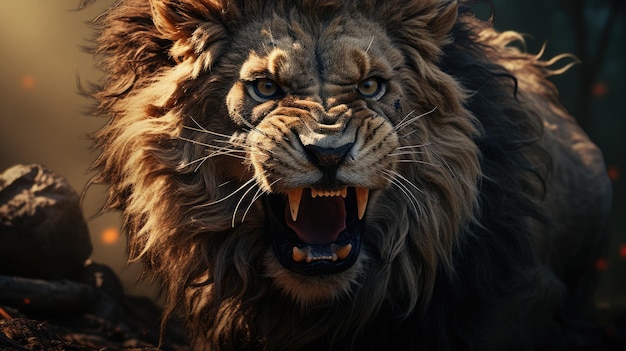 Il leone ruggisce con il suo volto feroce