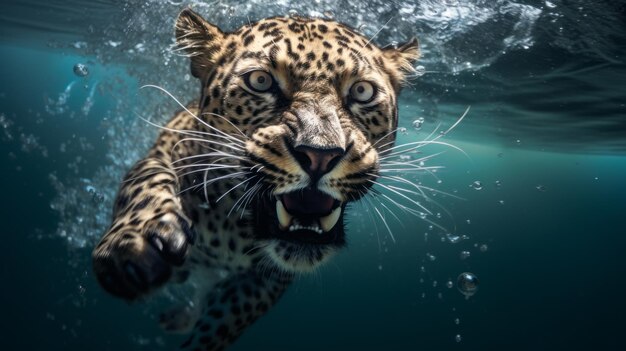 Il leopardo si tuffa in una fotografia subacquea d'acqua Immersione degli animali nelle profondità Natura selvaggia