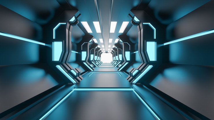 Foto il lerciume di fantascienza ha danneggiato il fondo metallico del corridoio illuminato con le luci al neon 3d rende - illustrazione