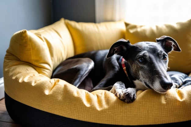 Il levriero nero dormisce pacificamente all'interno del letto del cane con la testa appoggiata sulle zampe