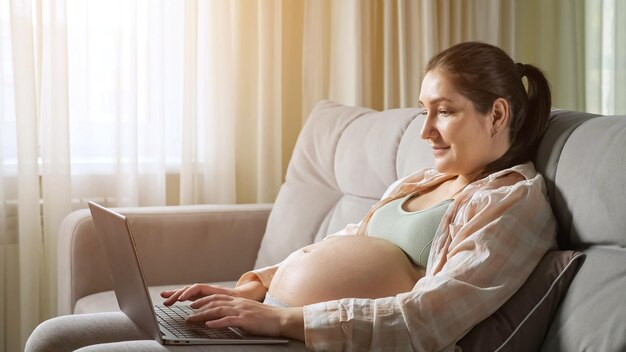 Il libero professionista della donna incinta lavora a casa usando il computer portatile sul sofà