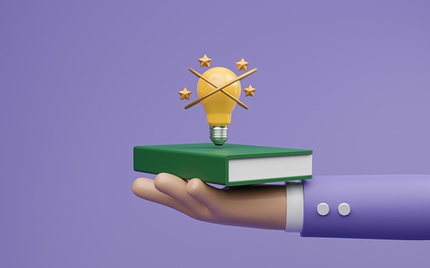 Il libro della tenuta della mano dell'uomo d'affari e la lampadina gialla per l'apprendimento rendono il concetto di idea di pensiero intelligente e creativo umano mediante l'illustrazione di rendering 3d