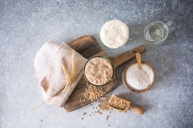 Il lievito di segale e frumento per il pane è attivo Pasta madre fermentata miscela di acqua e farina da utilizzare come lievito per la cottura del pane Il concetto di trafila sana