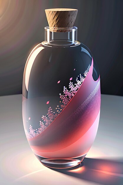 Il liquido rosa viola nella bottiglia di vetro è cristallino e bello alla luce