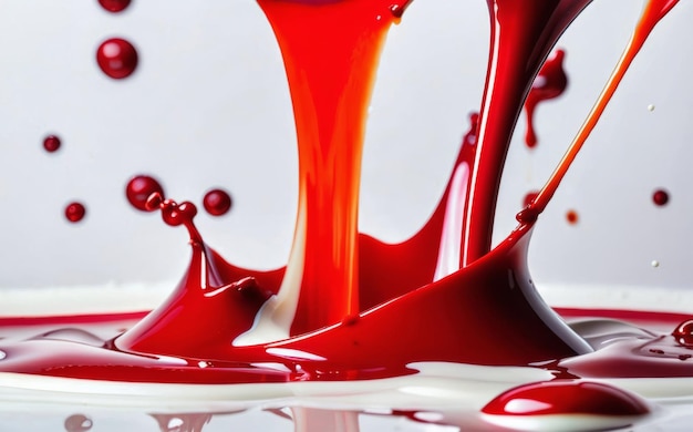 Il liquido rosso sangue si riversa in un liquido bianco latte che forma spruzzi e forme intricate