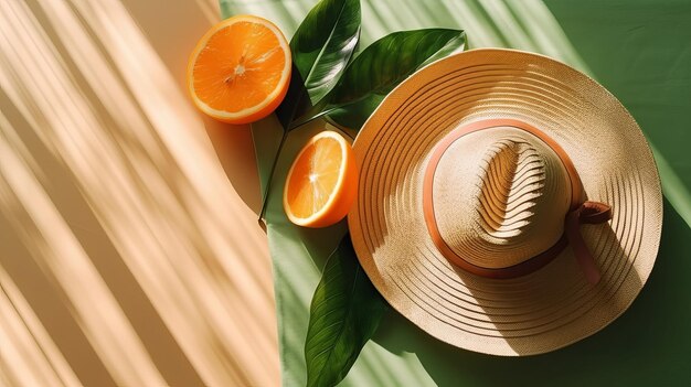 Il livello estivo giaceva con un bicchiere d'acqua con tappo di paglia e una cosa caratteristica arancione nel bottino dello shopping ecologico generato dall'intelligenza artificiale