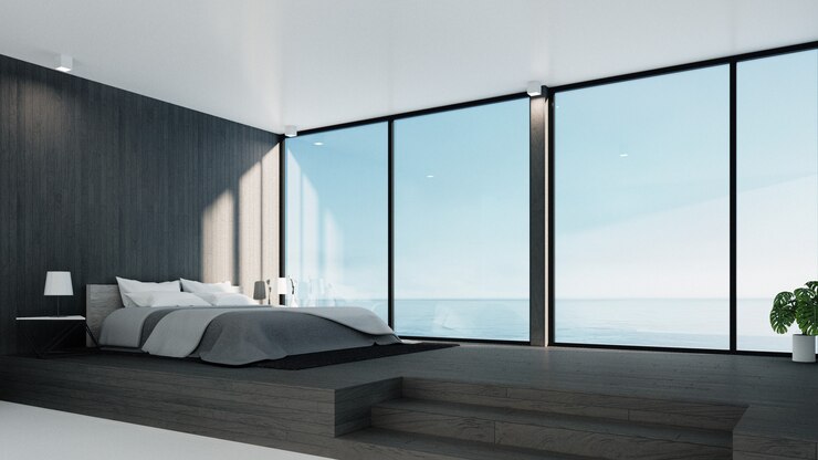 Il Loft e camera da letto moderna - Vista mare per vacanze ed estate / interni rendering 3d