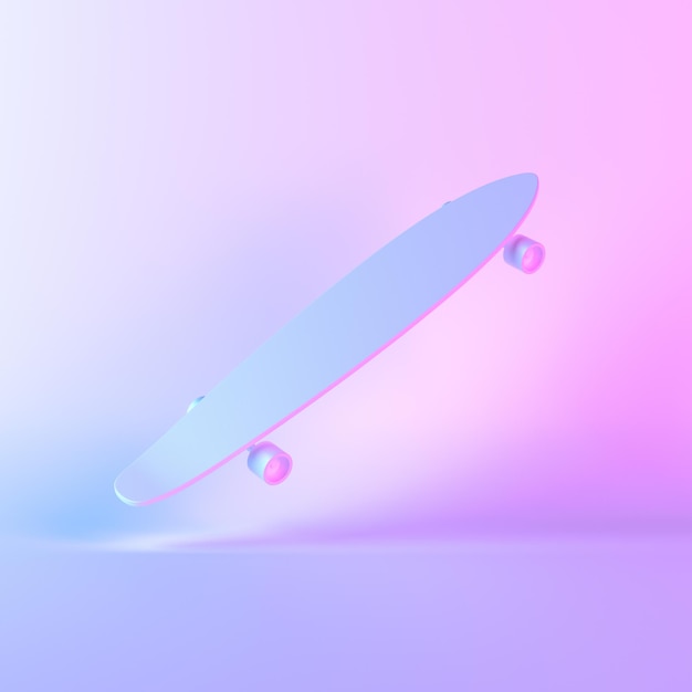 Il longboard bianco con le luci al neon olografiche ultraviolette colorate 3d rende l'illustrazione