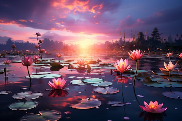 Il loto sboccia la grazia dei tramonti abbraccia la serenità zen su acque scintillanti