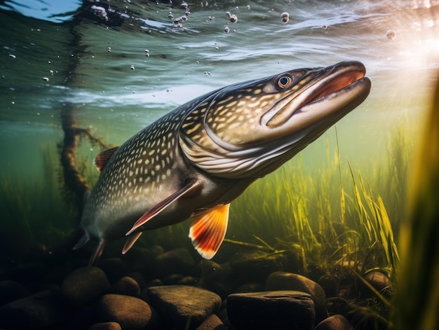 Il luccio nel suo habitat naturale IA generativa per la fotografia naturalistica