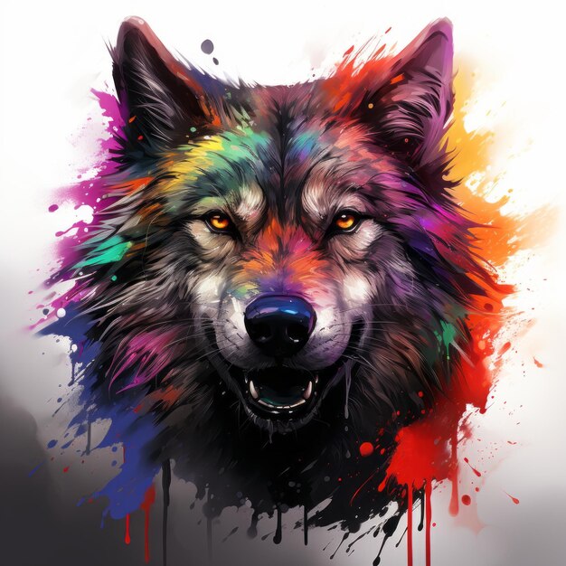 il lupo è dipinto con schizzi di vernice colorata