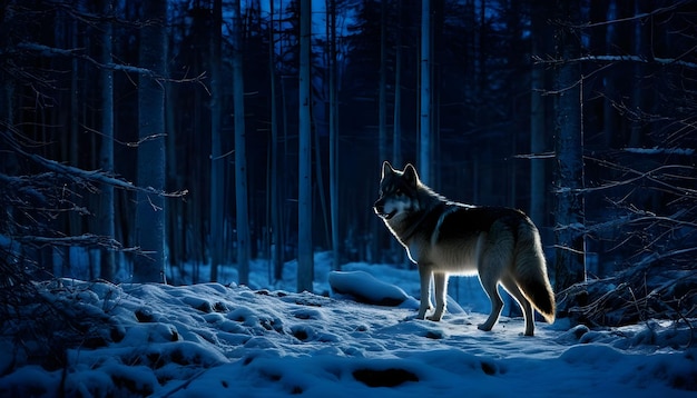 Il lupo nella foresta di notte.